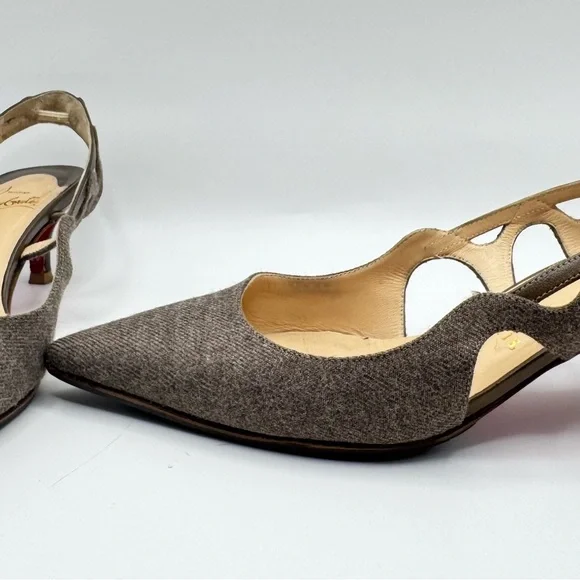 Christian Louboutin Wool Slingback Heels Brown Pointed Toe Kitten Heel EU 36.5 - Picture 1 of 6